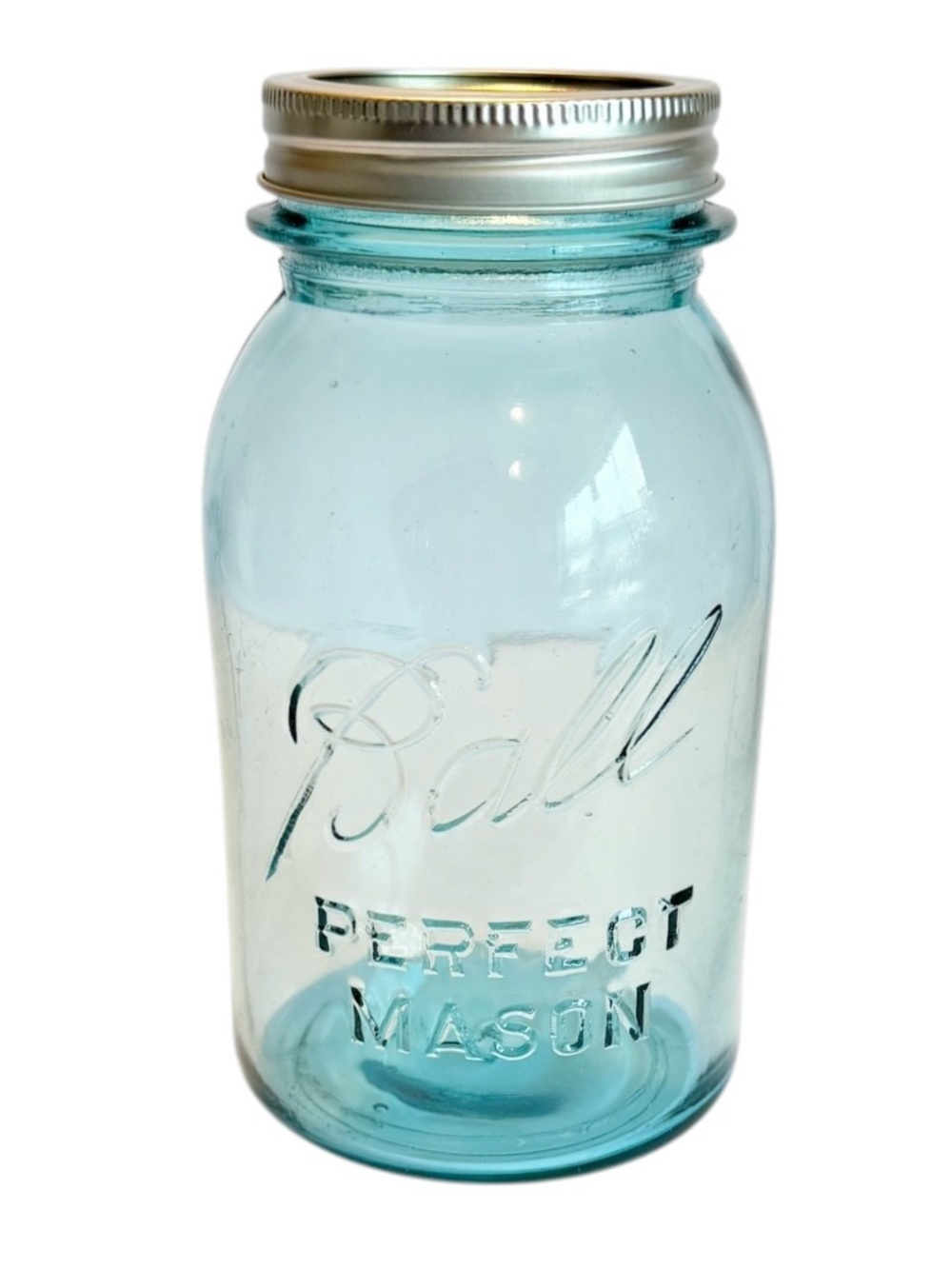 Antique Aqua Blue Ball Quart Size Embossed Perfect Mason Jar w/New 2Pc. Lid #3